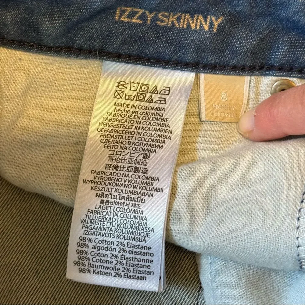 Michael Kors Izzy Skinny Ankle Jeans in Medium Blue Wash Raw Hem Split Cuff Sz 8